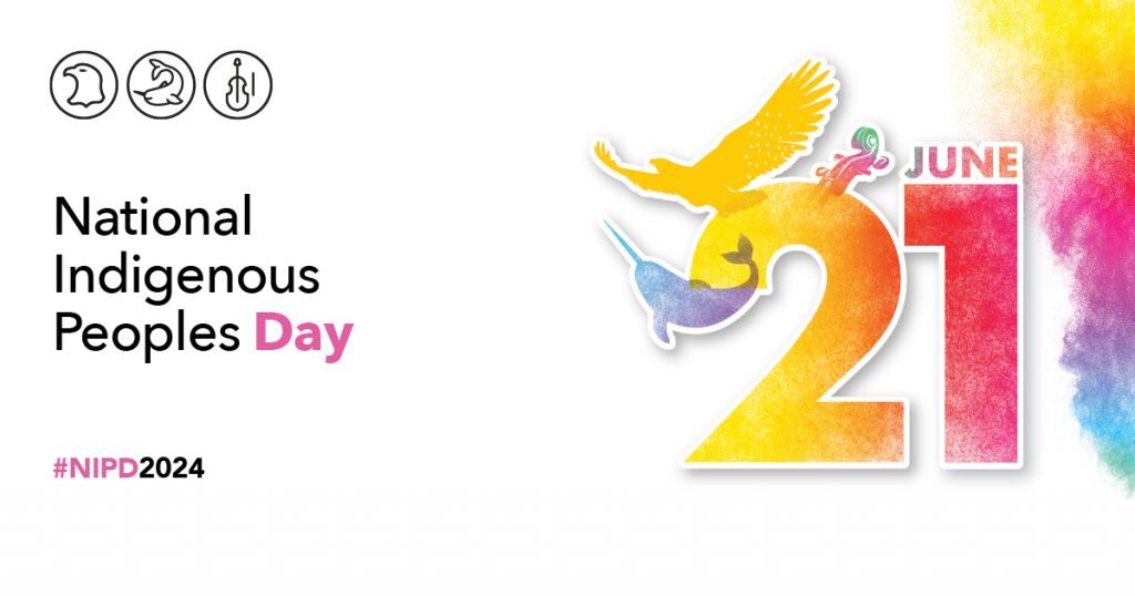 Banner graphic with text that reads "National Indigenous Peoples Day" on the left, the date June 21 stylized in a brightly-coloured lettering with Indigenous design on the right, and the hashtag NIPD2024 along the bottom